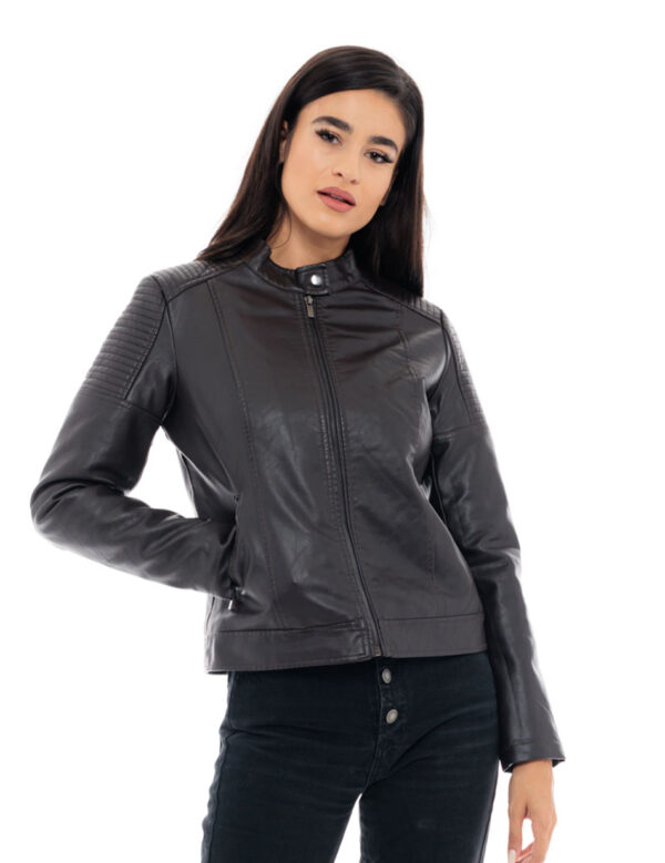 Biston fashion γυναικείο κοντό πανωφόρι από δερματίνη 48-101-012C BROWN