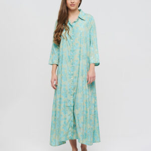 BLE TUNIC/ΚΑΦΤΑΝΙ ΣΕ ΜΠΛΕ/ΠΡΑΣΙΝΟ ΧΡΩΜΑ ΜΕ ΣΧΕΔΙΑ ΚΑΙ ΚΟΥΜΠΙΑ ΜΑΚΡΥ ΜΑΝΙΚΙ S/M (28%SILK / 72% CREPE)