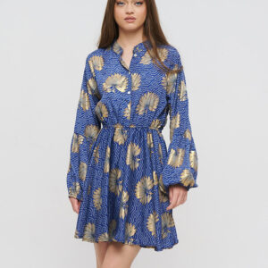 BLE TUNIC/ΚΑΦΤΑΝΙ ΣΕ ΜΠΛΕ/ΠΡΑΣΙΝΟ ΧΡΩΜΑ ΜΕ ΣΧΕΔΙΑ ΚΑΙ ΚΟΥΜΠΙΑ ΜΑΚΡΥ ΜΑΝΙΚΙ S/M (28%SILK / 72% CREPE)