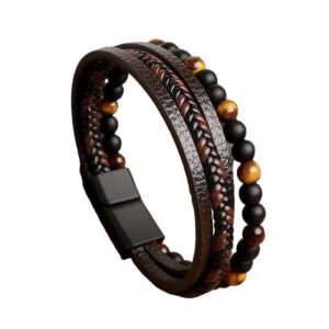 Sequoia Βραχιόλι Ανδρικό Ατσάλι Δέρμα N-00500 Μαύρο