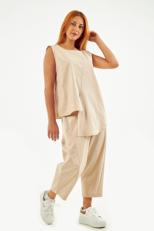 Sequoia Μοντέρνο Γυναικείο Oversize Σετ Ασύμμετρη Αμάνικη Μπλούζα με Παντελόνι 33-41096 Εκρού