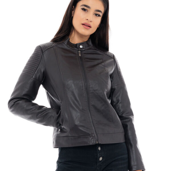 Biston fashion γυναικείο κοντό πανωφόρι από δερματίνη 48-101-012C BROWN