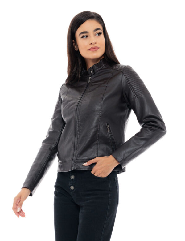 Biston fashion γυναικείο κοντό πανωφόρι από δερματίνη 48-101-012C BROWN