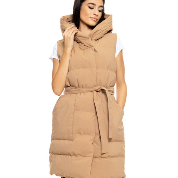 Biston fashion γυναικείο μακρύ αμάνικο μπουφάν με ενσωματωμένη κουκούλα 50-102-010 CAMEL